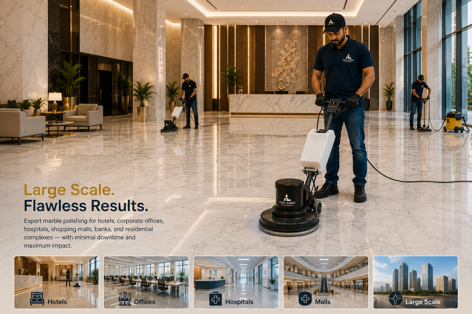 Commercial marble polishing in a hotel lobby or office