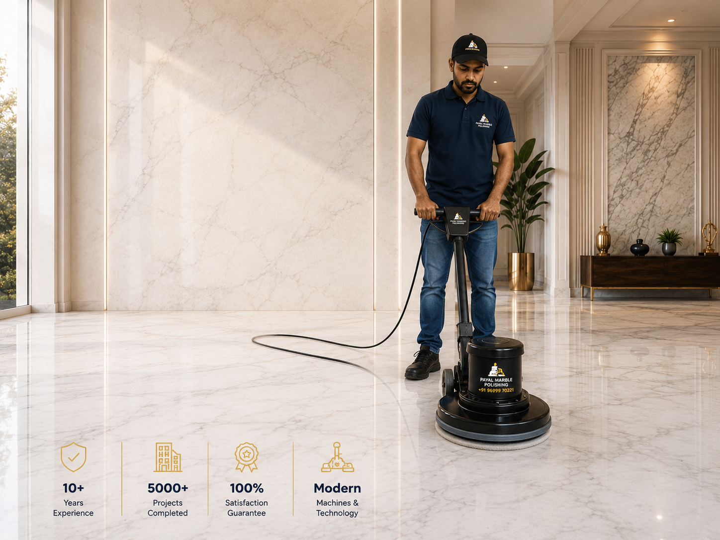 Payal Marble Polishing technician polishing a luxury marble floor in Pune