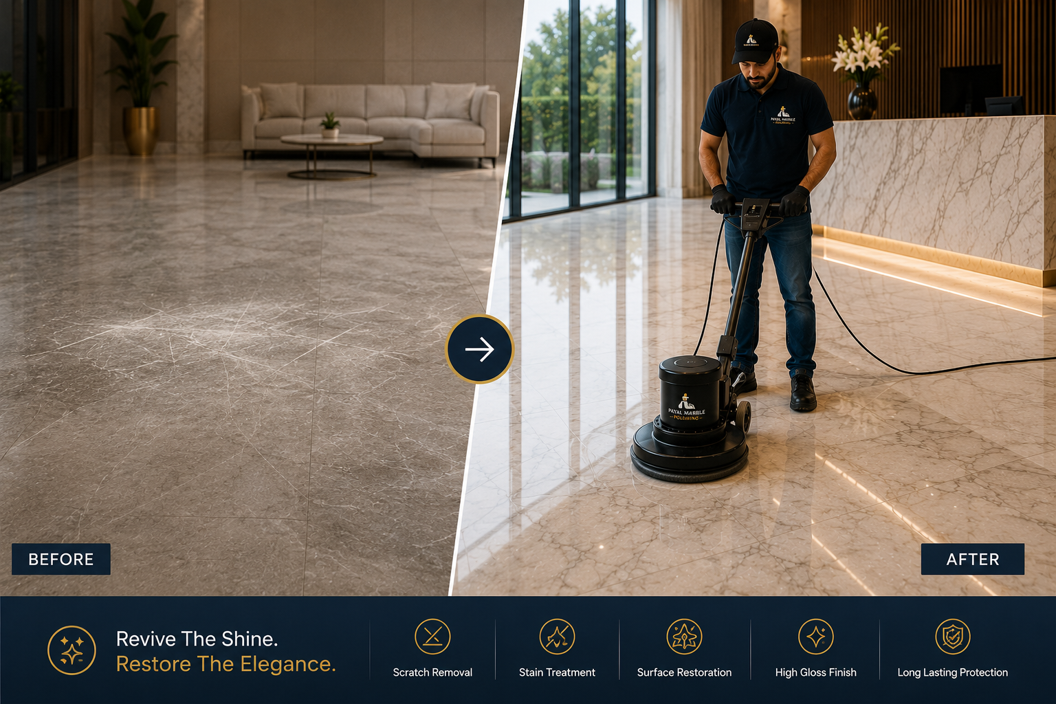 Marble floor restoration — gleaming restored marble flooring